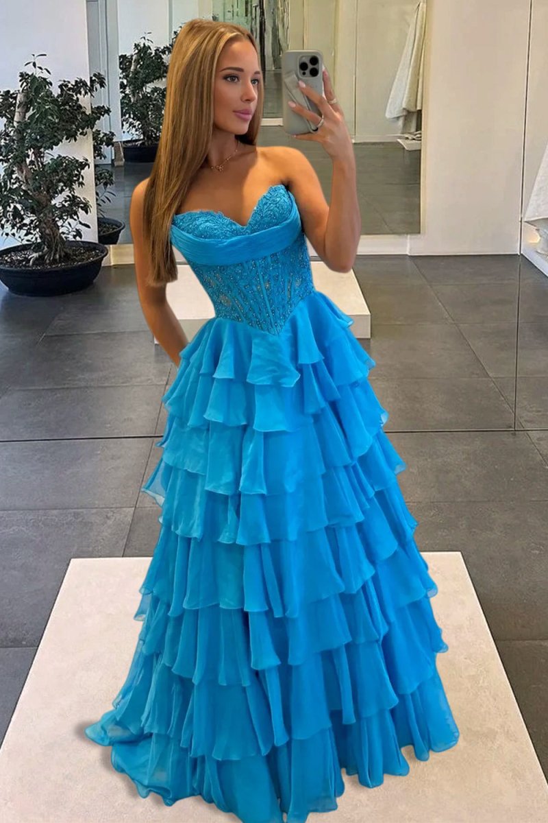 Pink Sweetheart A Line Chiffon Ruffled Prom Dresses With Appliques