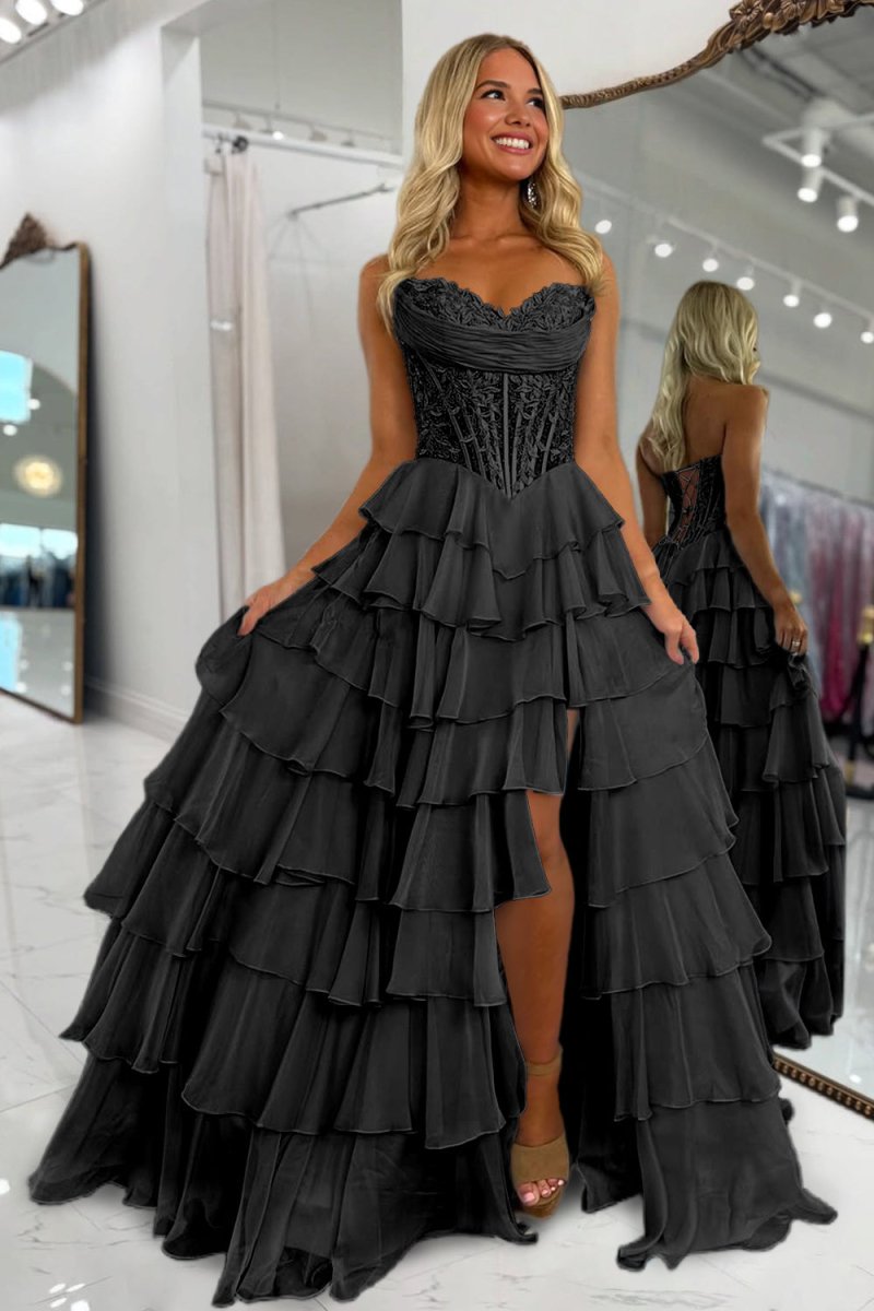 Pink Sweetheart A Line Chiffon Ruffled Prom Dresses With Appliques