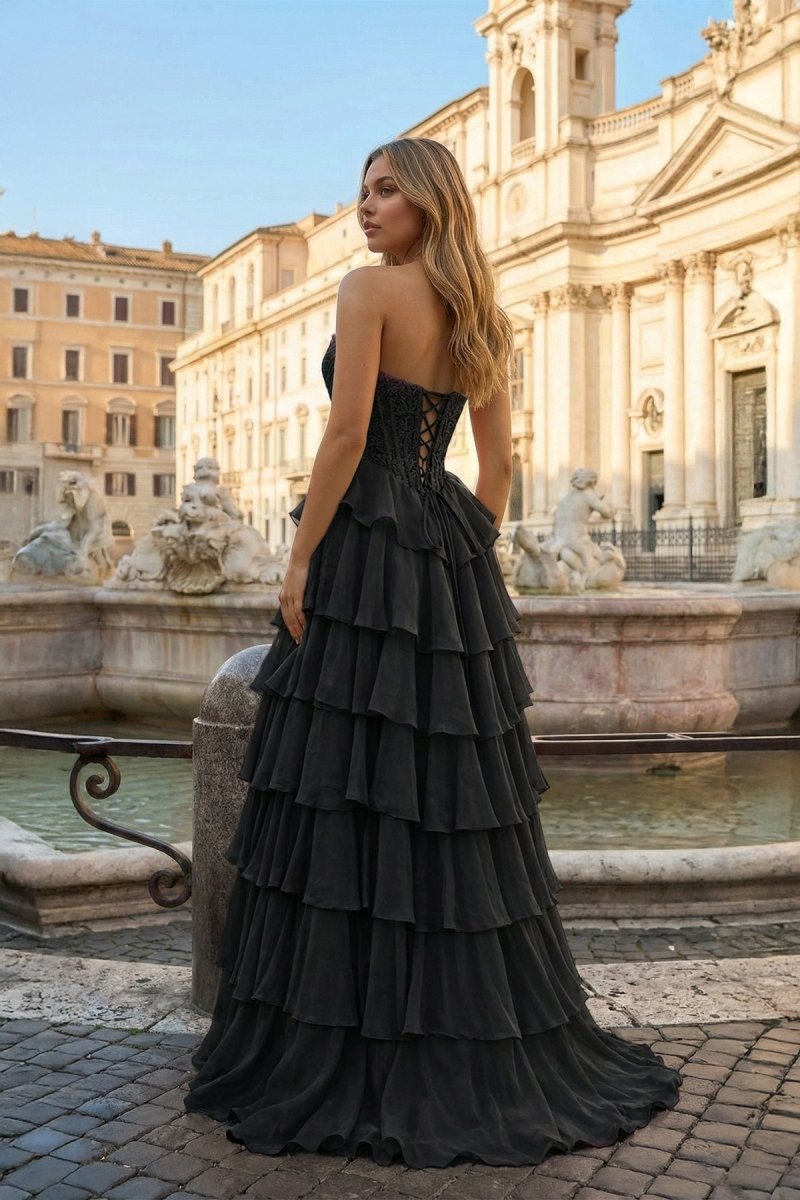 Pink Sweetheart A Line Chiffon Ruffled Prom Dresses With Appliques