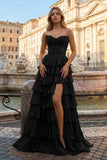 Black - Sweetheart A Line Chiffon Ruffled Prom Dresses With Appliques