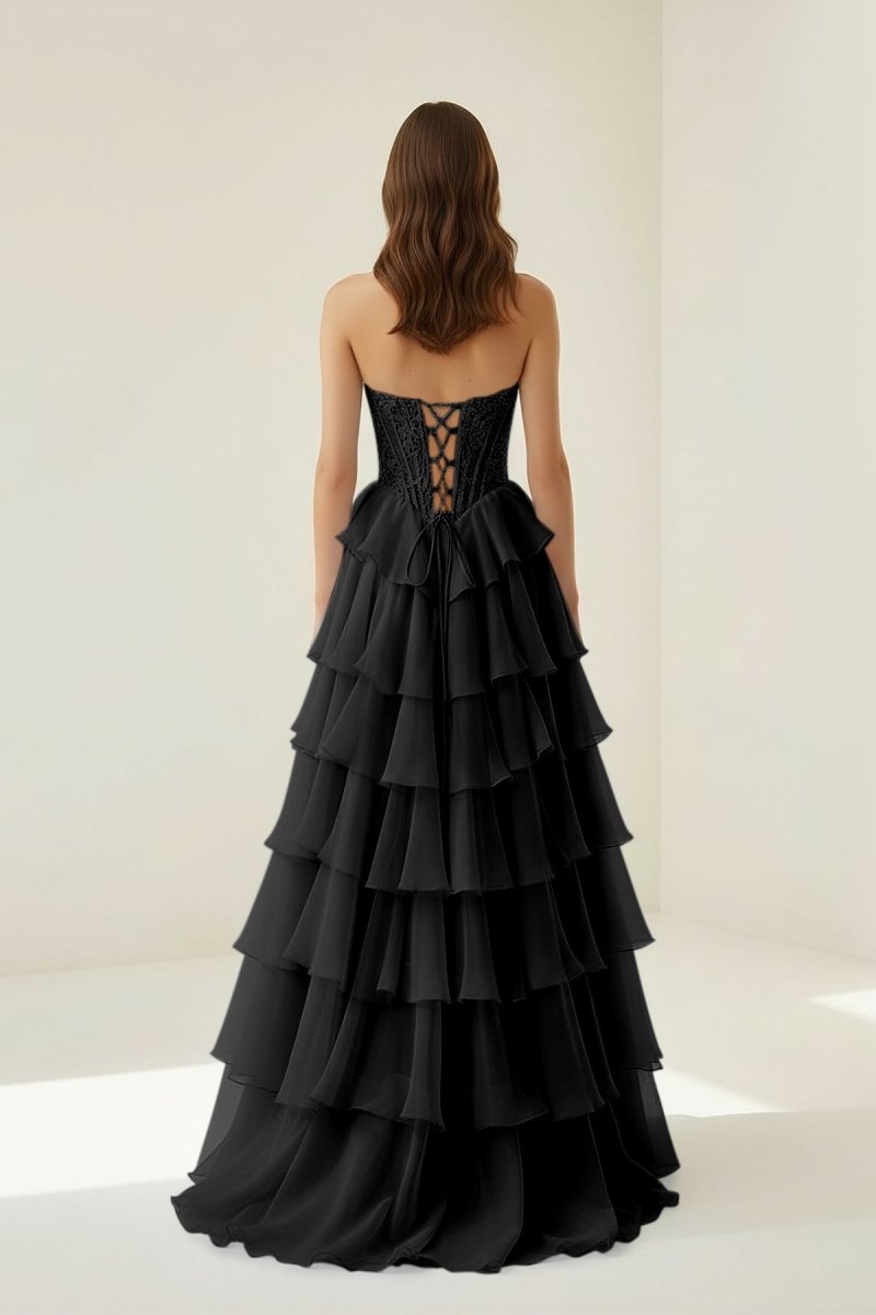 Black - Sweetheart A Line Chiffon Ruffled Prom Dresses With Appliques