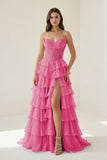 Hot Pink - Strapless A Line Chiffon Ruffled Prom Dresses With Appliques