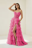 Pink Sweetheart A Line Chiffon Ruffled Prom Dresses With Appliques