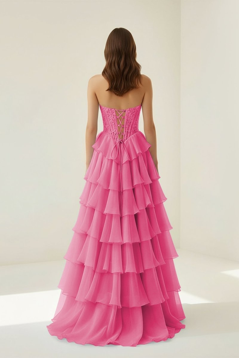 Pink Sweetheart A Line Chiffon Ruffled Prom Dresses With Appliques