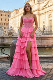 Pink Sweetheart A Line Chiffon Ruffled Prom Dresses With Appliques
