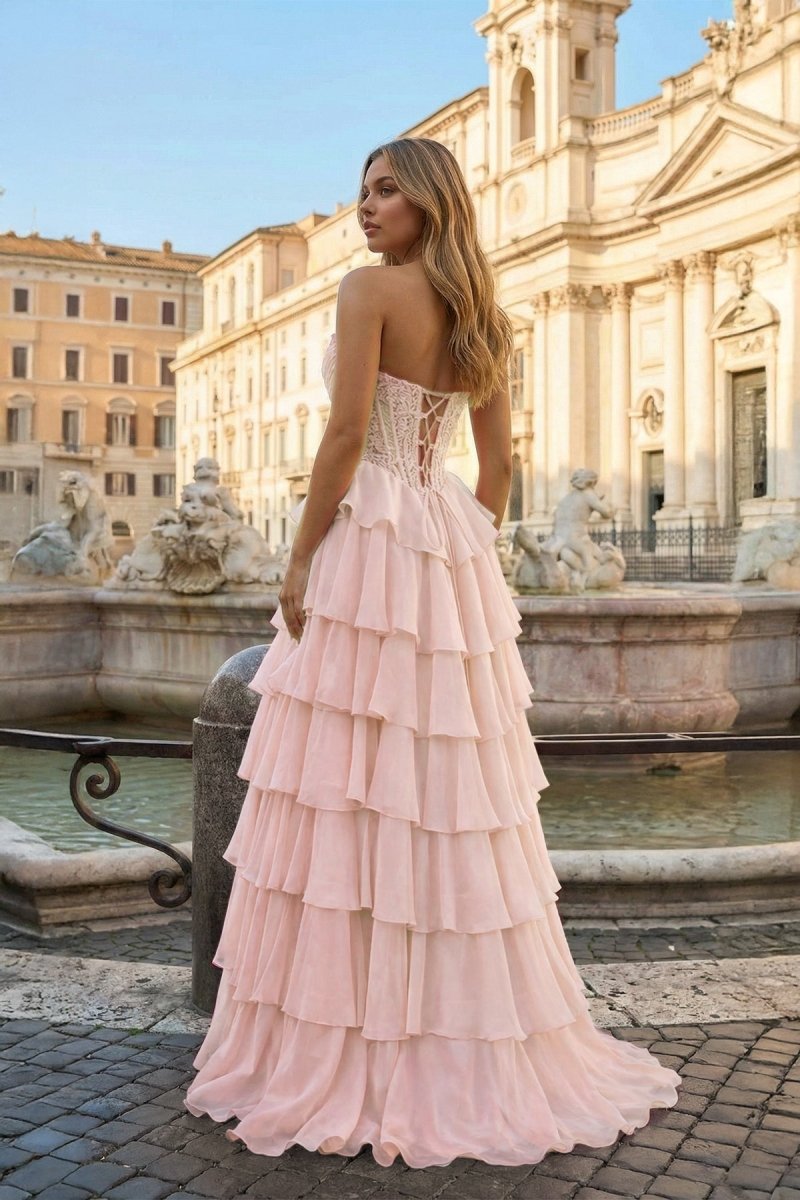 Pink Sweetheart A Line Chiffon Ruffled Prom Dresses With Appliques