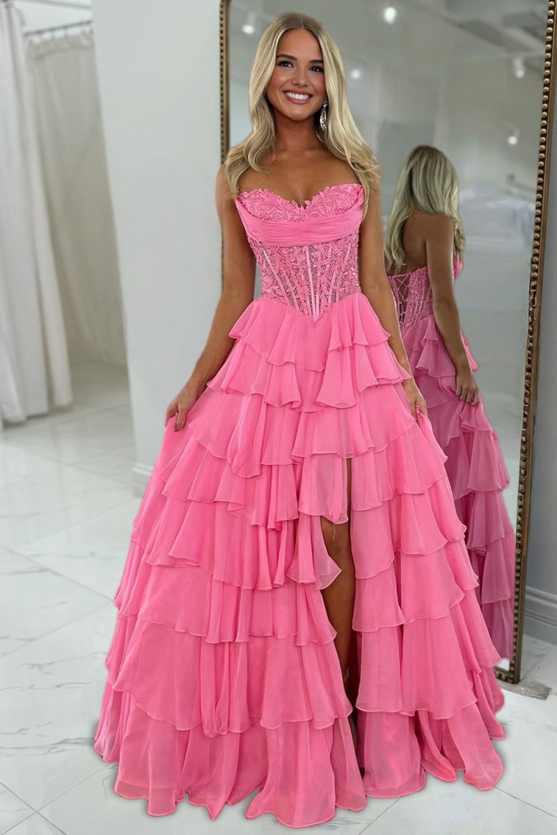 Pink Sweetheart A Line Chiffon Ruffled Prom Dresses With Appliques