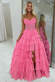Pink Sweetheart A Line Chiffon Ruffled Prom Dresses With Appliques