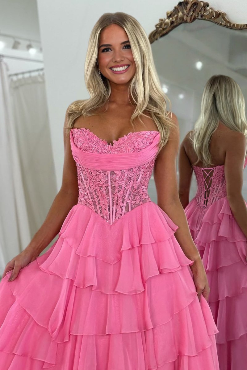 Pink Sweetheart A Line Chiffon Ruffled Prom Dresses With Appliques