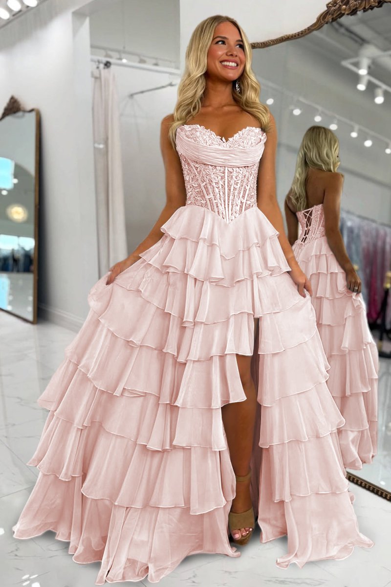 Pink Sweetheart A Line Chiffon Ruffled Prom Dresses With Appliques