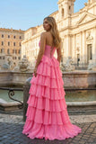 Pink Sweetheart A Line Chiffon Ruffled Prom Dresses With Appliques