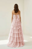 Pink Sweetheart A Line Chiffon Ruffled Prom Dresses With Appliques