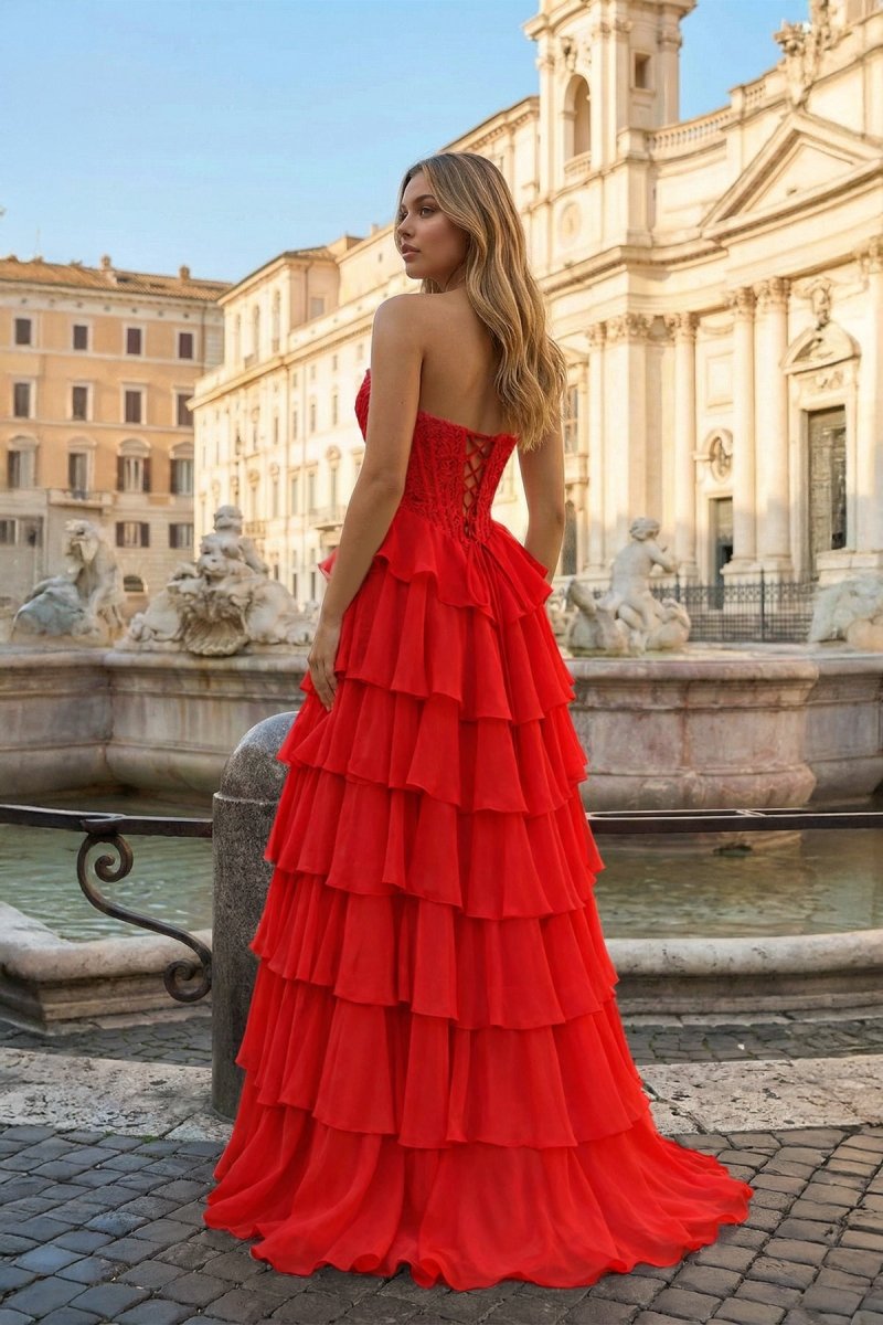 Pink Sweetheart A Line Chiffon Ruffled Prom Dresses With Appliques