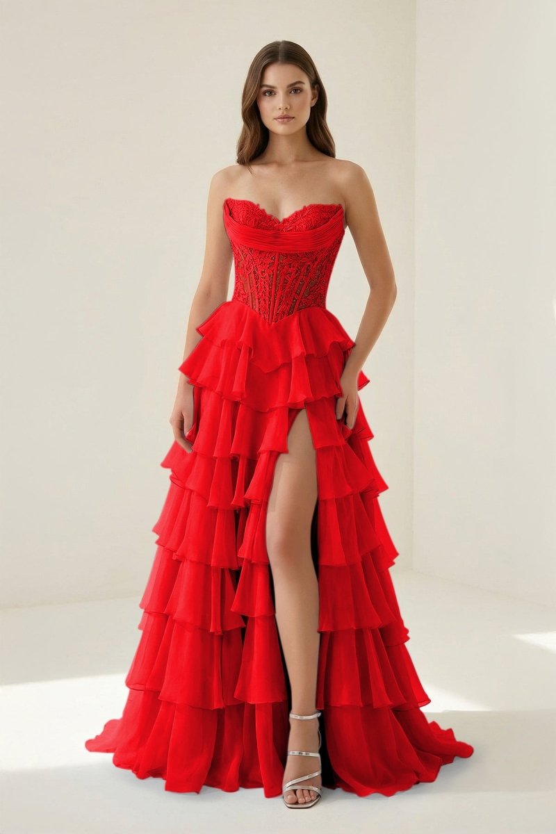 Red - Sweetheart A Line Chiffon Ruffled Prom Dresses With Appliques