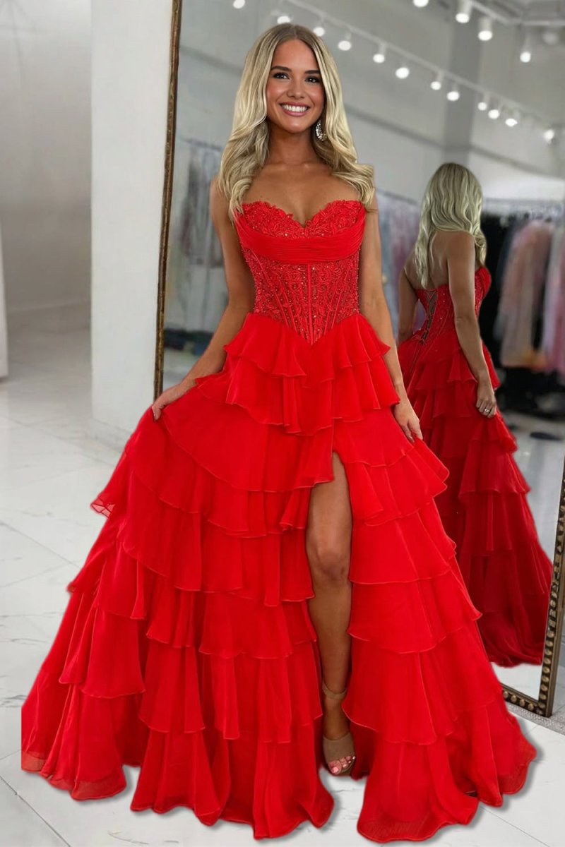 Pink Sweetheart A Line Chiffon Ruffled Prom Dresses With Appliques