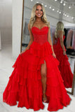 Pink Sweetheart A Line Chiffon Ruffled Prom Dresses With Appliques