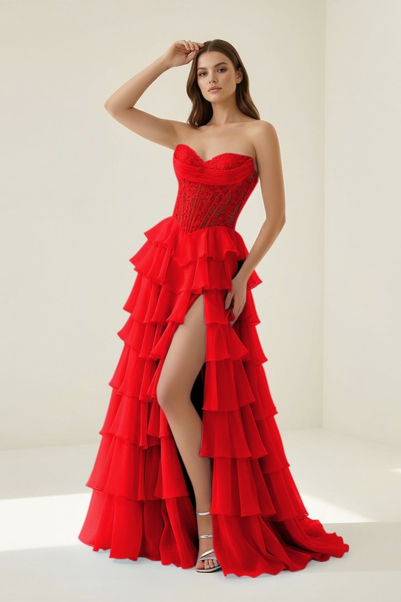 Red - Sweetheart A Line Chiffon Ruffled Prom Dresses With Appliques