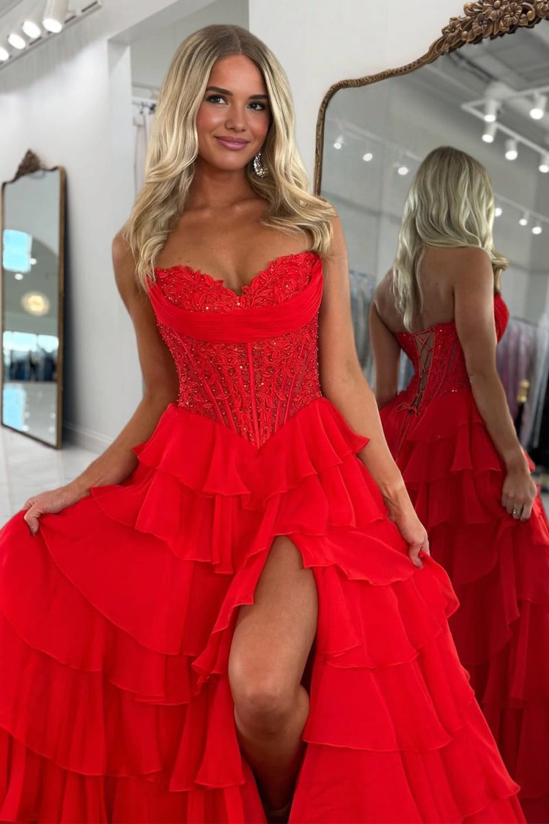 Pink Sweetheart A Line Chiffon Ruffled Prom Dresses With Appliques