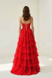Red - Sweetheart A Line Chiffon Ruffled Prom Dresses With Appliques