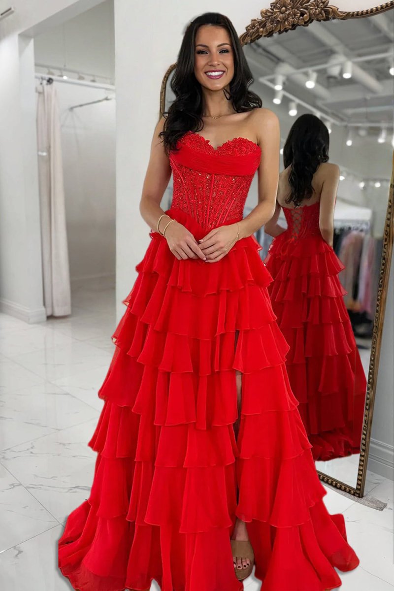 Red - Sweetheart A Line Chiffon Ruffled Prom Dresses With Appliques