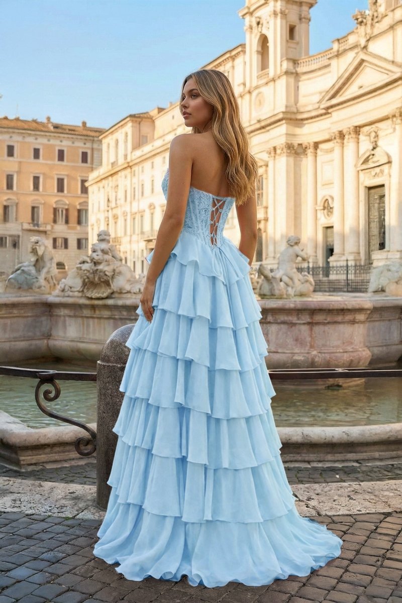 Pink Sweetheart A Line Chiffon Ruffled Prom Dresses With Appliques