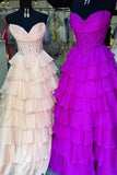 Pink Sweetheart A Line Chiffon Ruffled Prom Dresses With Appliques