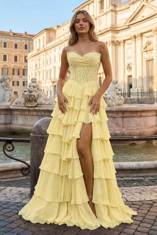 Yellow - Sweetheart A Line Chiffon Ruffled Prom Dresses With Appliques