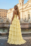 Yellow - Sweetheart A Line Chiffon Ruffled Prom Dresses With Appliques