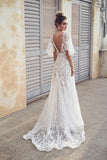 Romantic Ivory Flower Appliques Wedding Dress. Lace Long Bridal Dresses