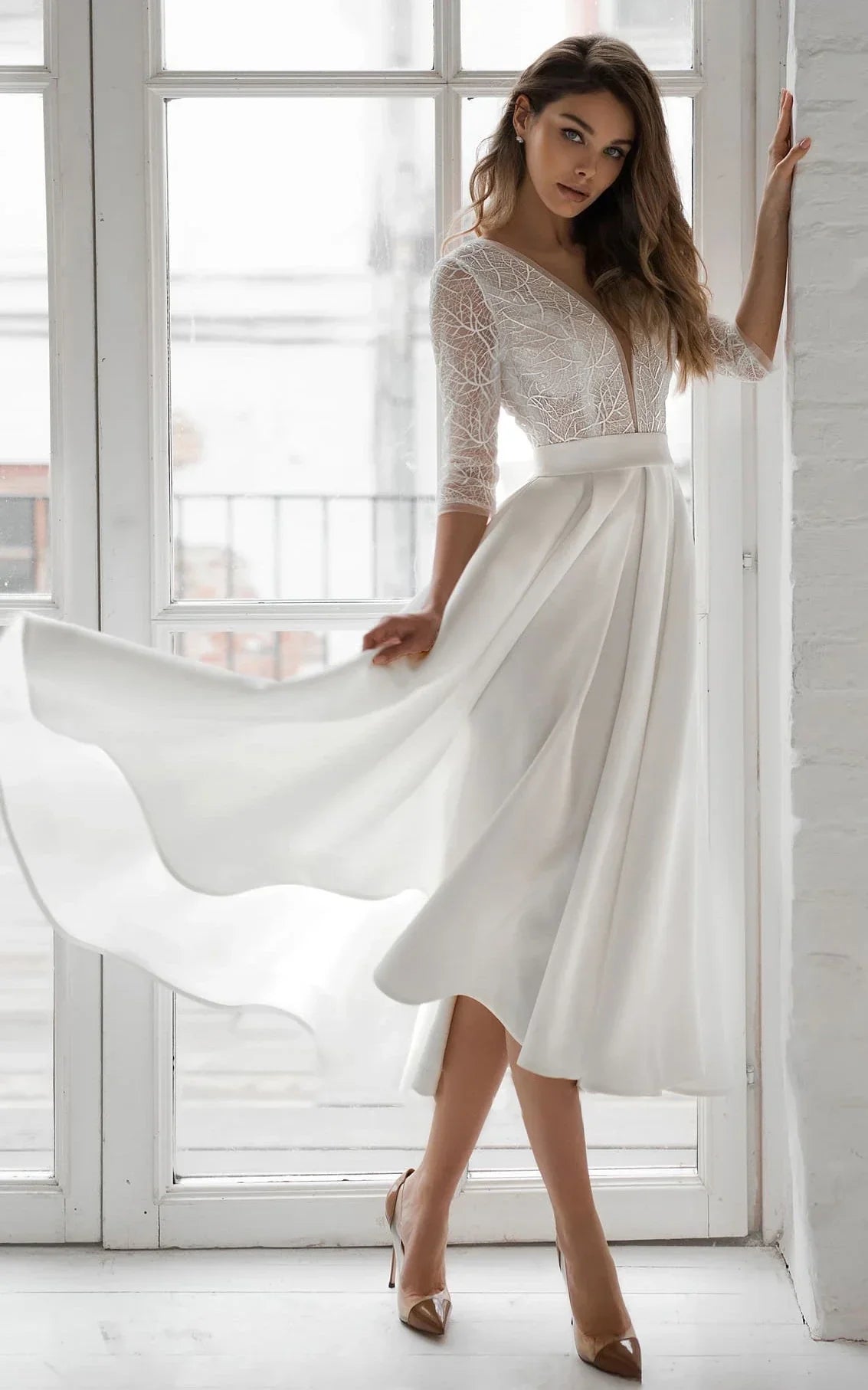 Satin V-neck A Line Tea-length Wedding Dress with Ruching and Sash