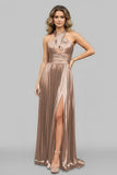 Peacock Blue Halter Neck A-Line Long Prom Dress With Split