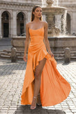 Orange - Spaghetti Straps Sheath Satin High Low Prom Dresses With Ruffles