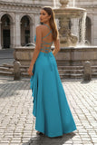 Aqua Spaghetti Straps Sheath Satin High Low Prom Dresses With Ruffles