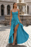 Aqua Spaghetti Straps Sheath Satin High Low Prom Dresses With Ruffles