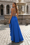 Royal Blue - Spaghetti Straps Sheath Satin High Low Prom Dresses With Ruffles
