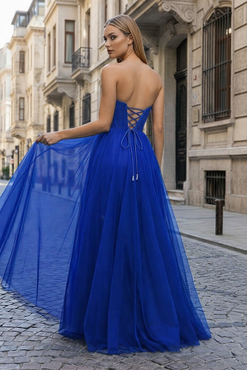 A-Line Sweetheart Beads Empire-Waist Sleeveless Prom Dress With Slit