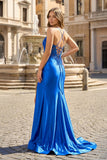 Royal Blue Appliques Spaghetti Straps Mermaid Long Formal Dress