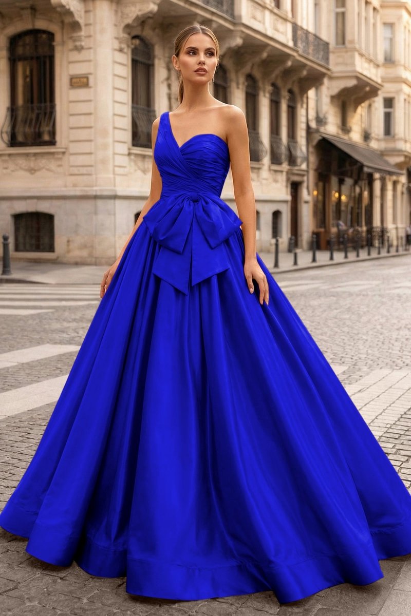 One Shoulder Satin A Line Prom Dress With Bow