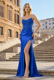 Coral Pink Mermaid Strapless Beaded Satin Long Prom Dresses With Slit