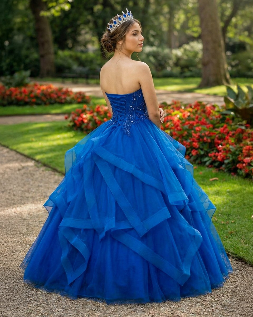 Royal Blue Quinceanera Dresses Organza Lace Applique Prom Dresses