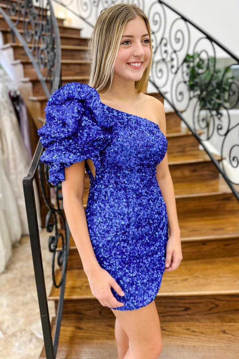 Sheath Royal Blue Sequin One-Shoulder Mini Party Dresses