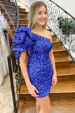 Sheath Royal Blue Sequin One-Shoulder Mini Party Dresses