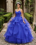 Royal Blue V Neck Tulle Quinceanera Dresses With Ruffles