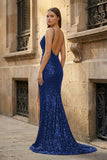 Black Spaghetti Straps Mermaid Sequined Long Prom Dresses With Slit