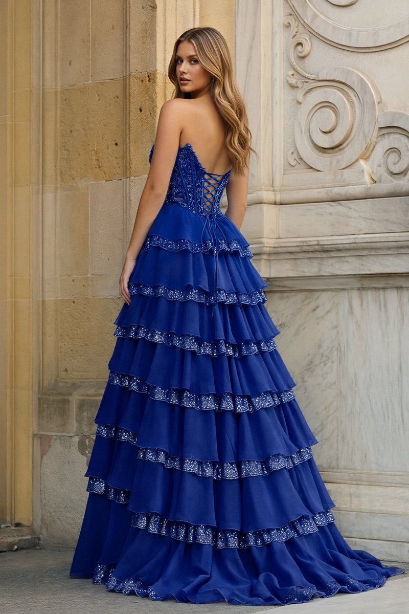 Sky Blue Sweetheart A Line Sequined Lace Ruffled Long Prom Dresses With Appliques