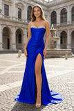 Royal Blue Sweetheart Satin Mermaid Long Prom Dresses with Beading