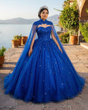 Royal Blue Tulle Ball Gown Prom Dress With Cape
