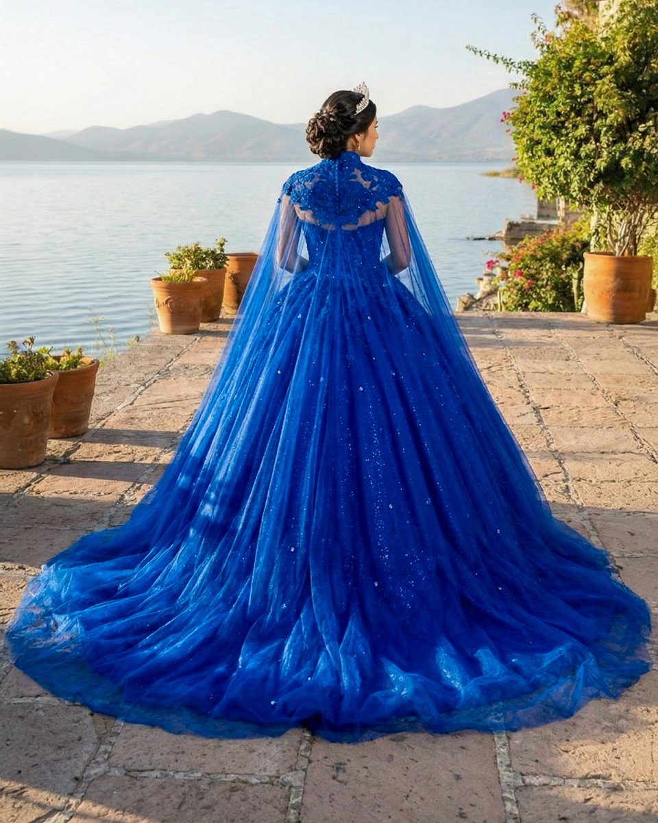 Royal Blue Tulle Ball Gown Prom Dress With Cape