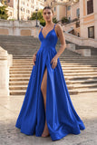 Burgundy Spaghetti Straps A Line Satin Long Prom Dresses With Slit