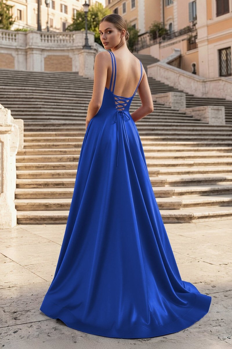 Burgundy Spaghetti Straps A Line Satin Long Prom Dresses With Slit